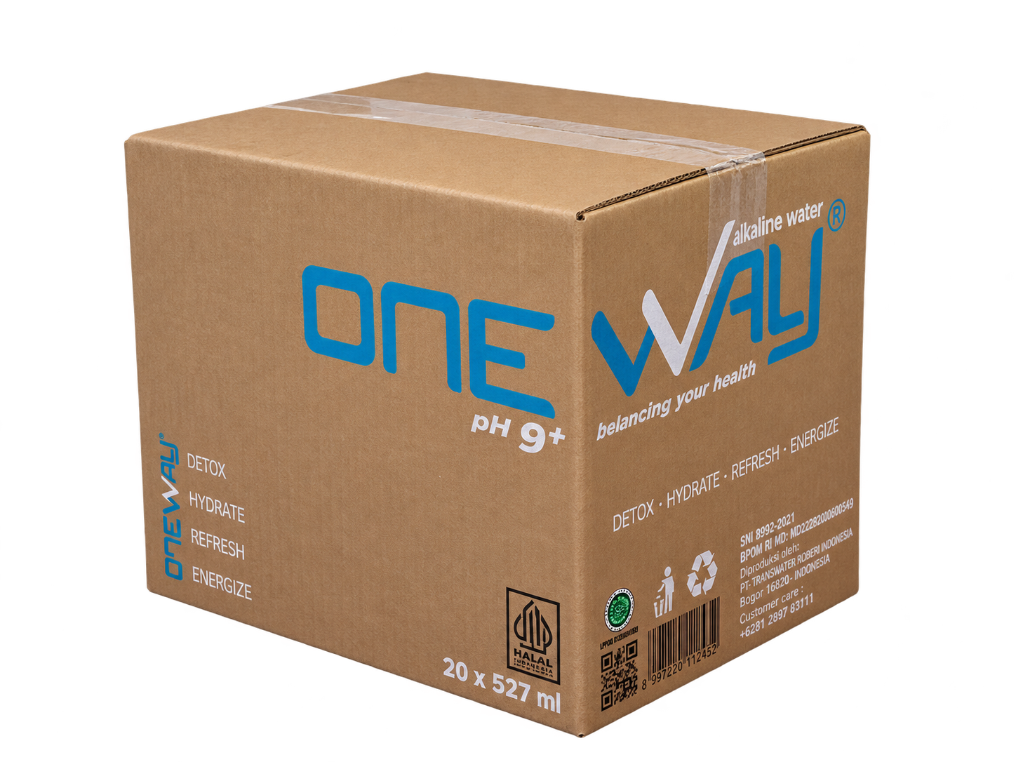 Kotak karton One Way Alkaline Water isi 20 botol 527 ml